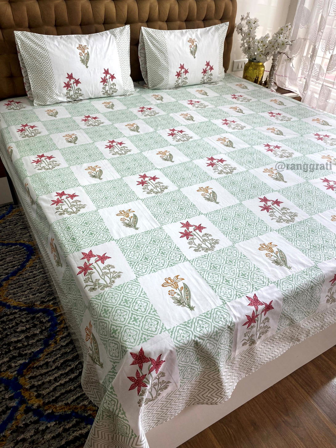 Green Checkered Red Floral Hand Block Cotton Bedsheet King Size