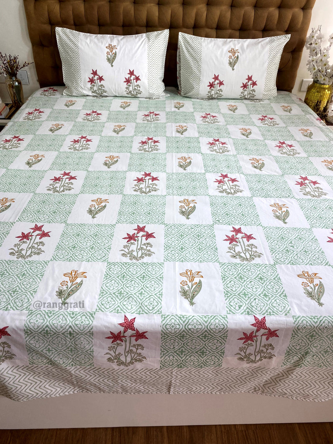 King Size Green Checkered Red Floral Hand Block Cotton Bedsheet