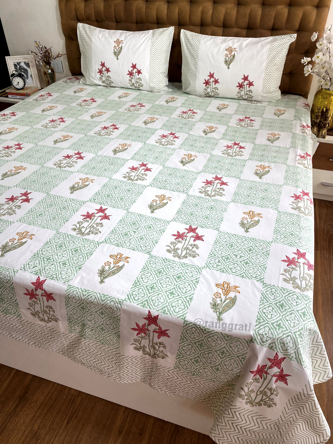 Hand Block Cotton Green Checkered Red Floral King Size Bedsheet