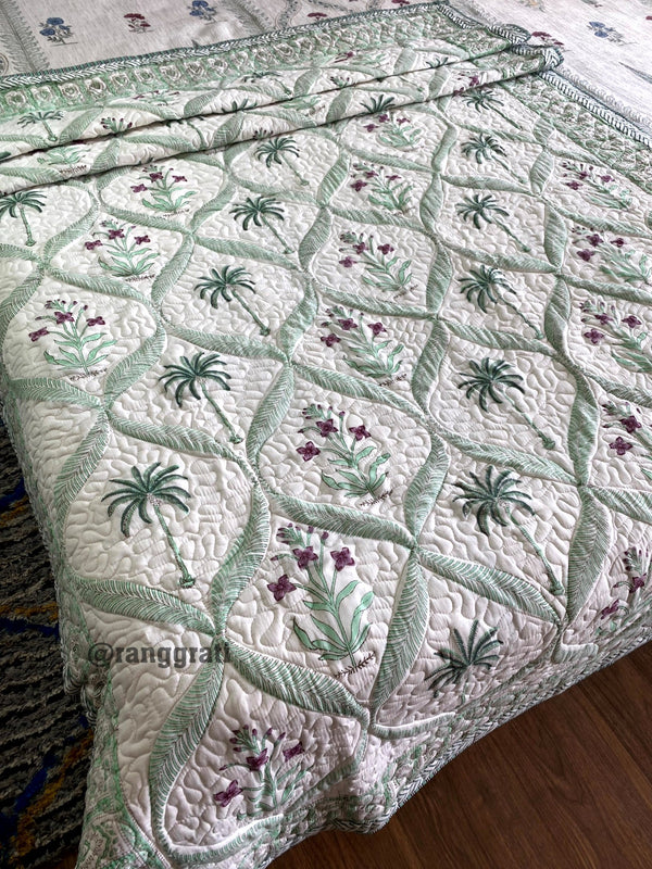 Green Coconut Tree Cotton Jaipuri Quilted Bed Cover For Single Bed - Bedcover