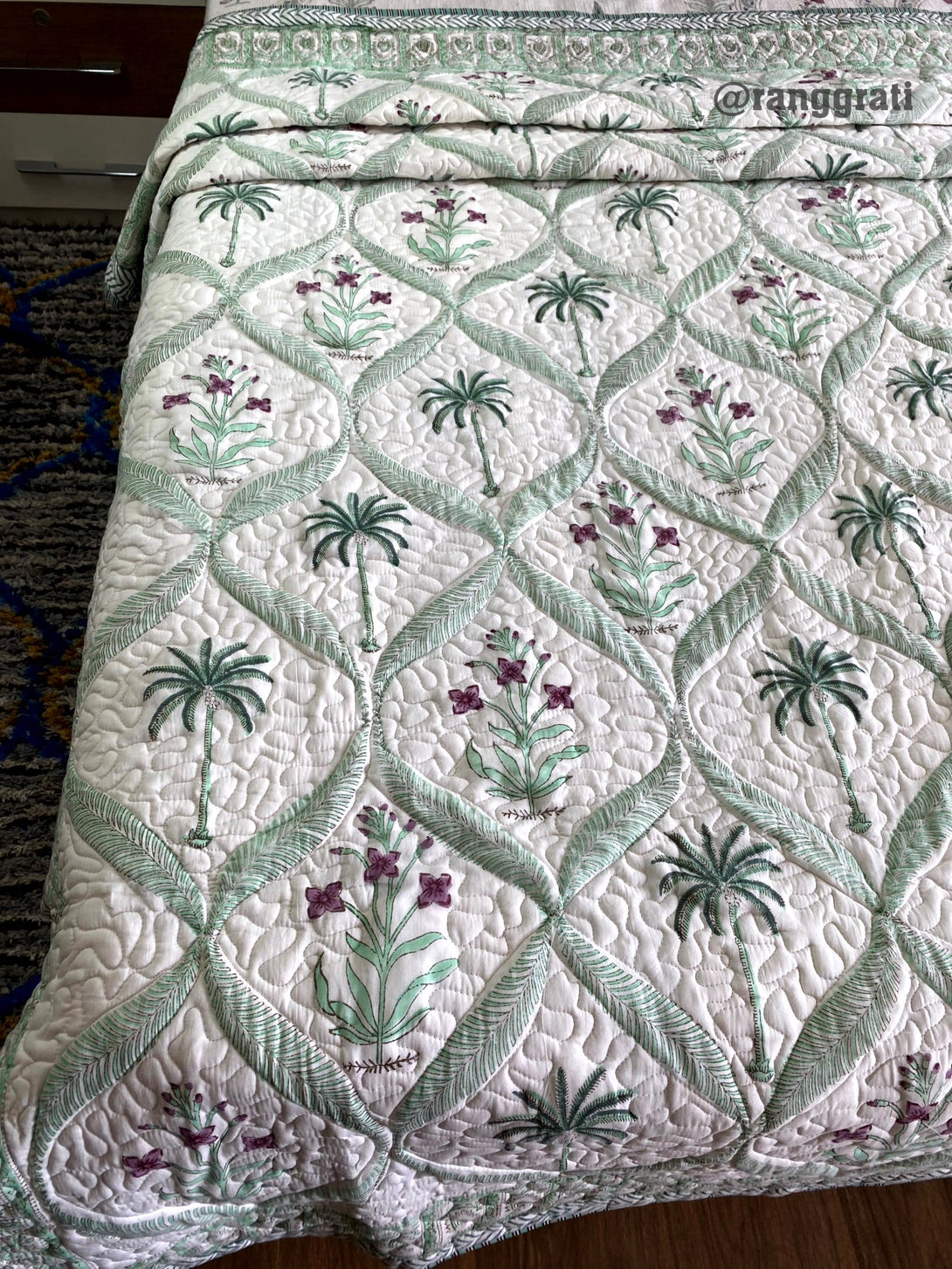 Green Coconut Tree Cotton Jaipuri Quilted Bed Cover For Single Bed - Bedcover