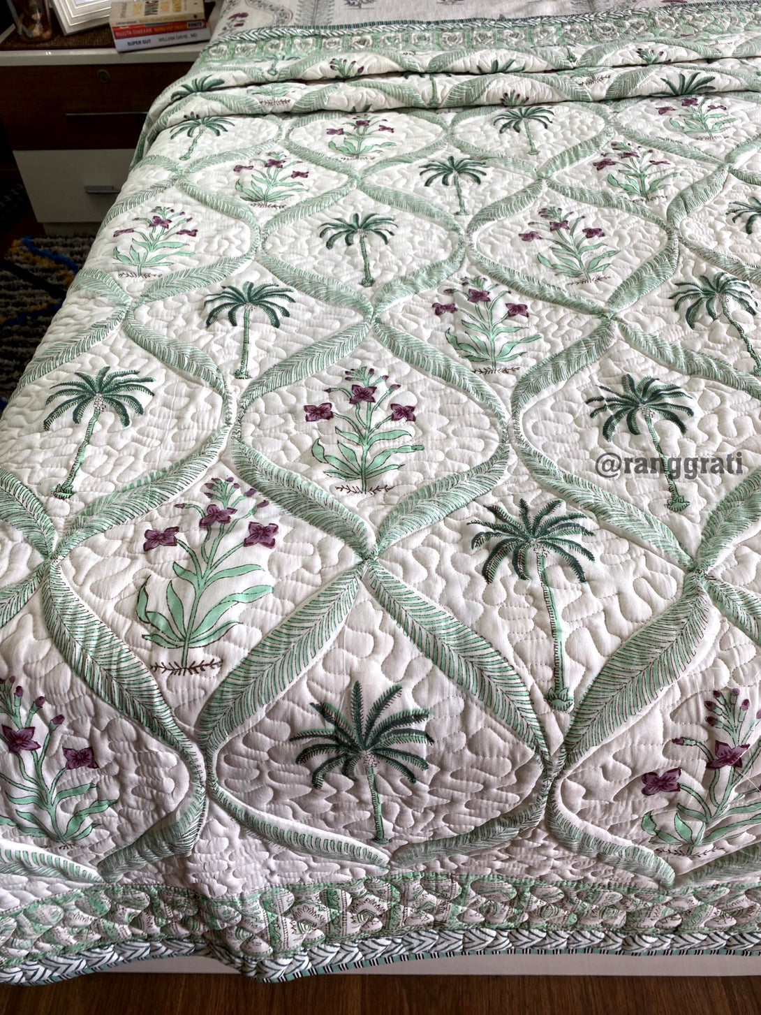 Green Coconut Tree Cotton Jaipuri Quilted Bed Cover For Single Bed - Bedcover