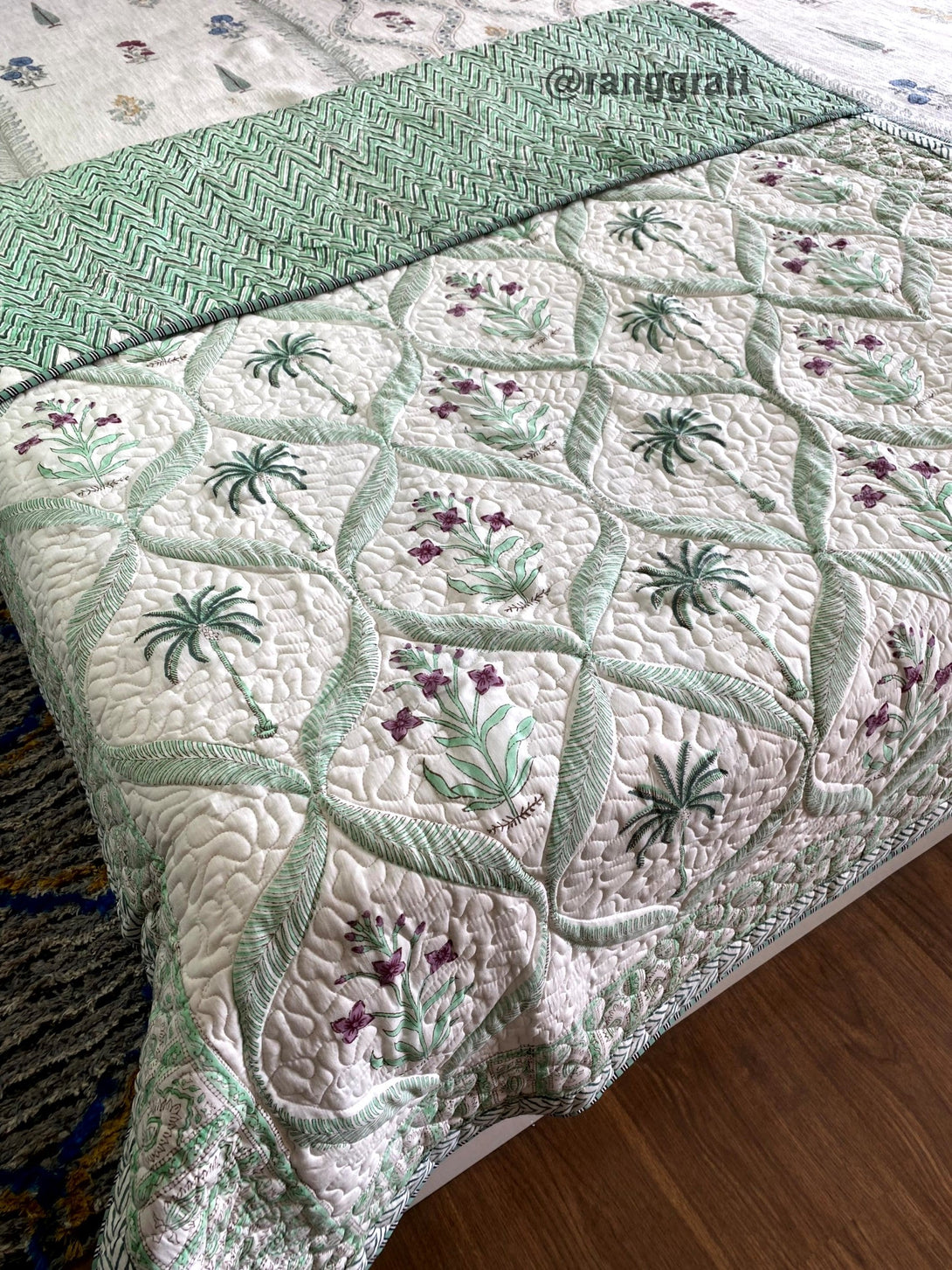 Green Coconut Tree Cotton Jaipuri Quilted Bed Cover For Single Bed - Bedcover