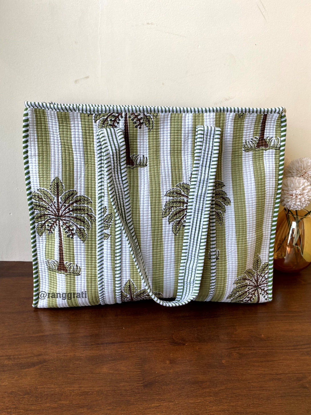 Green Coconut Tree Tote Bag Quilted 