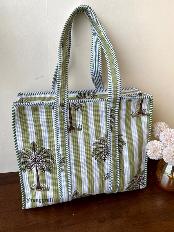 Green Coconut Tree Tote Bag Quilted Hand Block Printed In Cotton With Zip