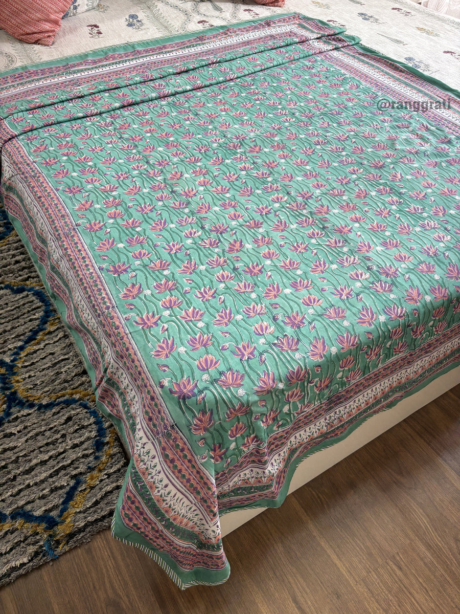 Green Color Purple Lotus Dohar For Single Bed In Mulmul Cotton Reversible