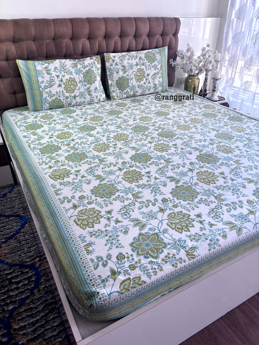 Green Daffodil Cotton Elastic Fitted Bedsheet King Size