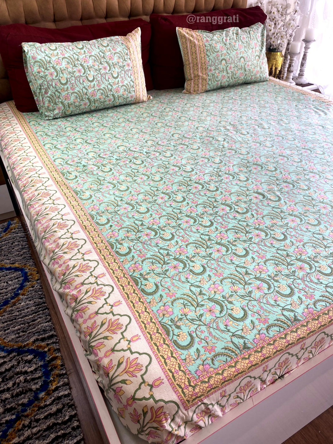 Green Floral Cotton Elastic Fitted Bedsheet King Size Online