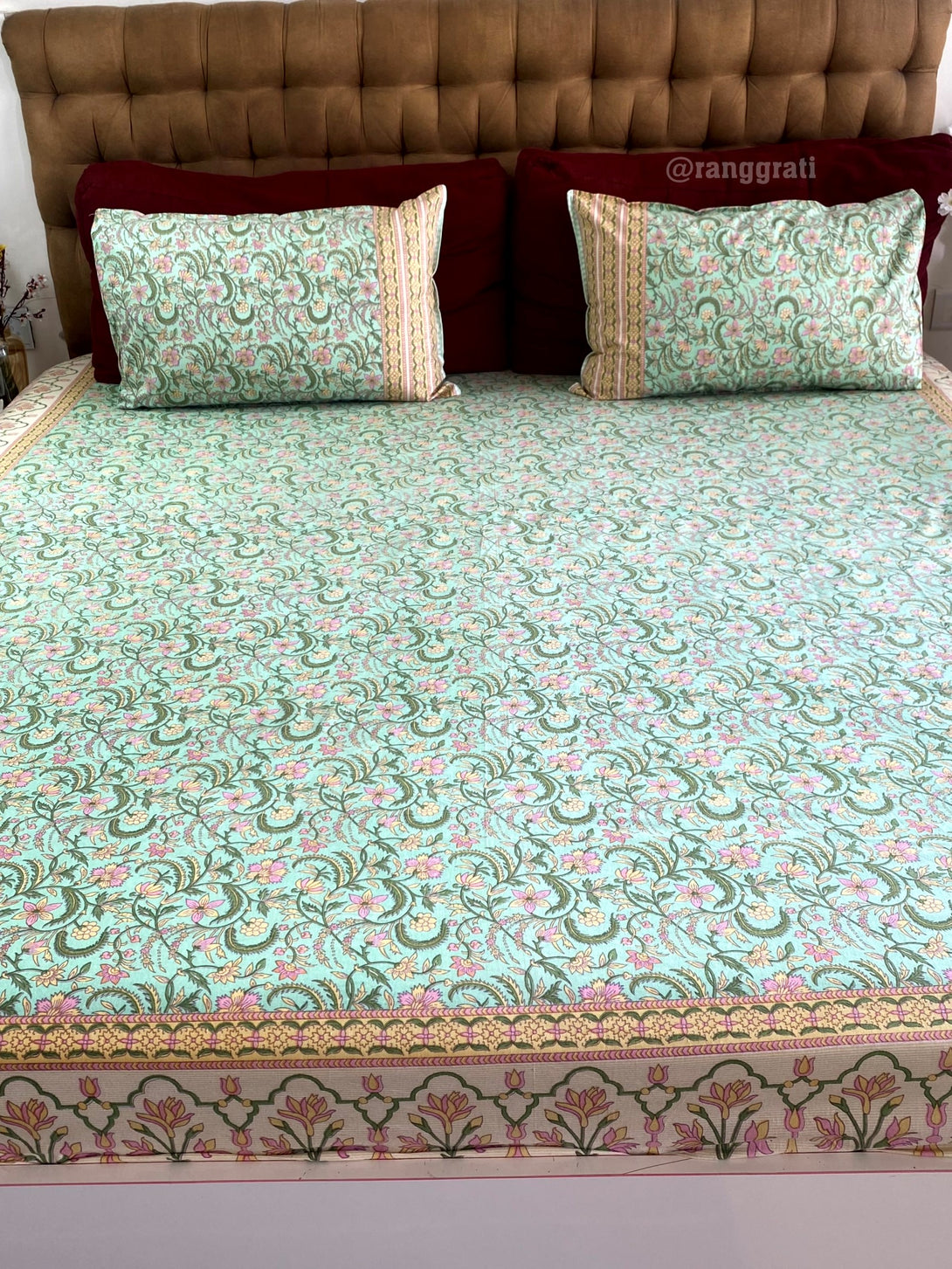 Cotton Green Floral Elastic Fitted Bedsheet King Size