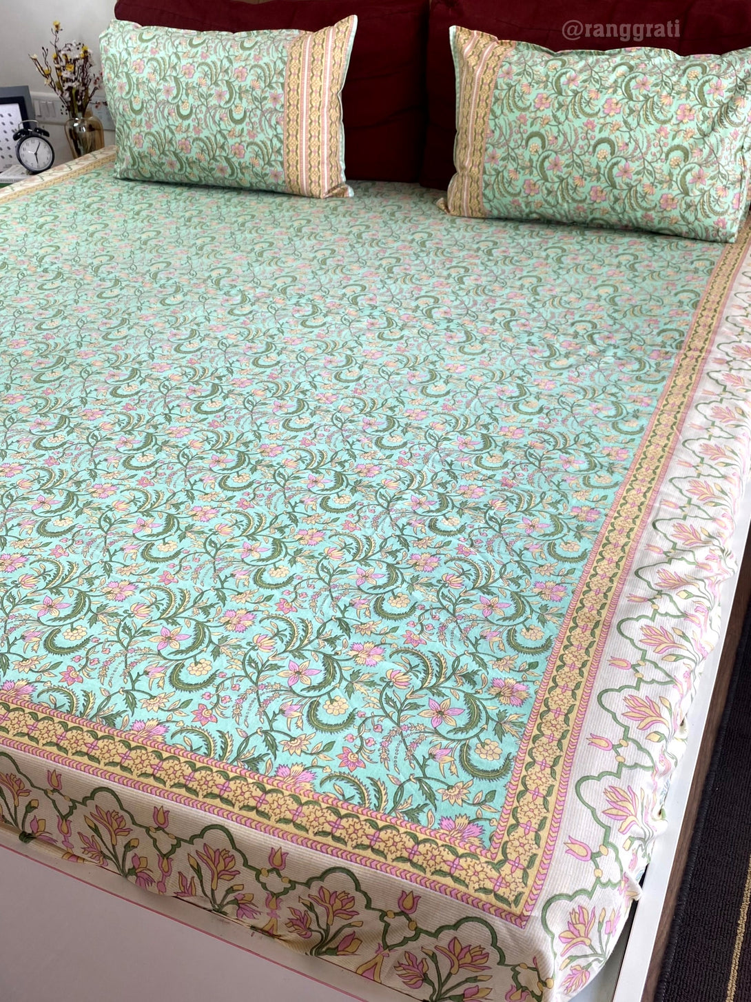 King Size Green Floral Cotton Elastic Fitted Bedsheet 