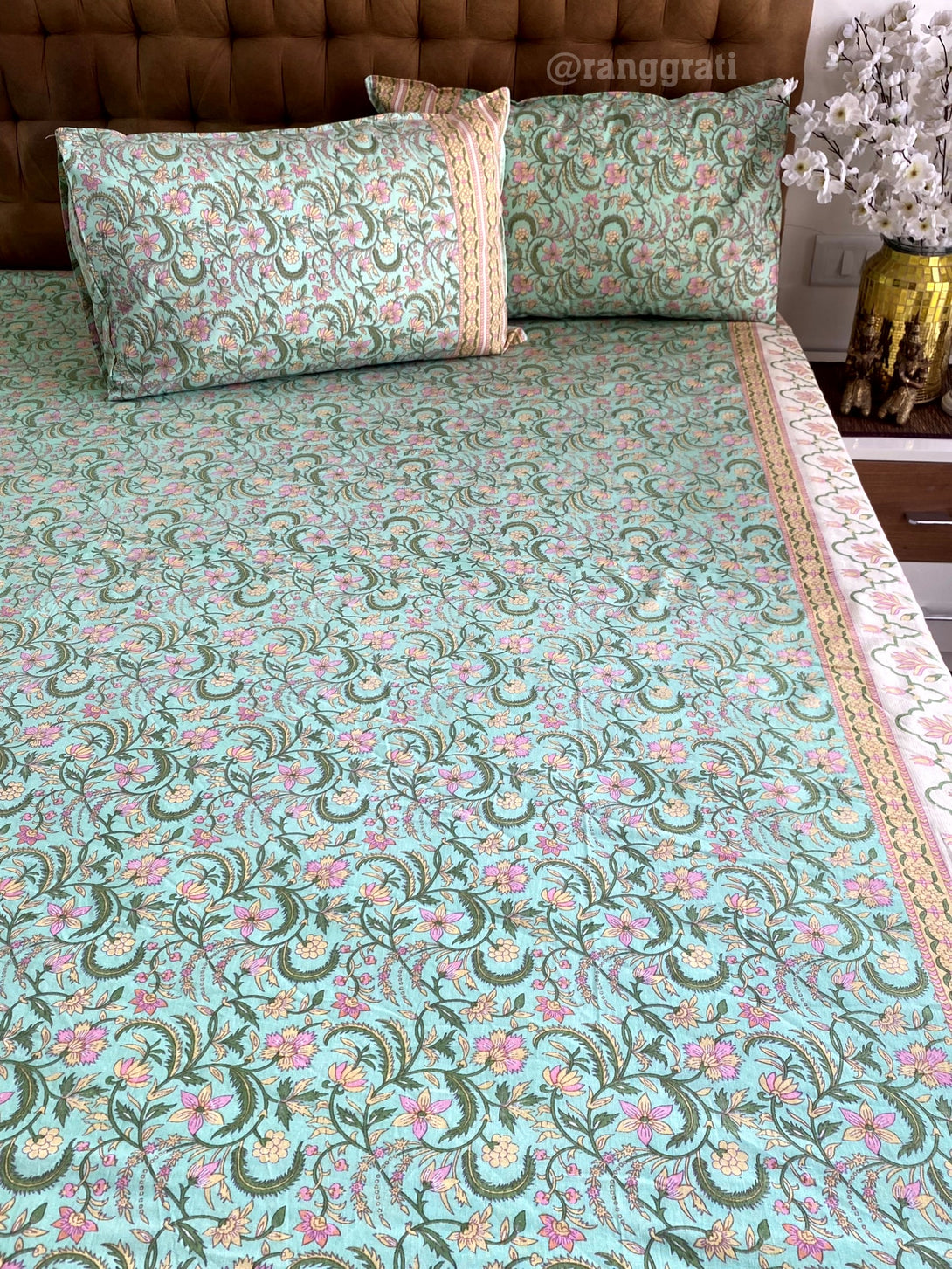  Green Floral Cotton Elastic Fitted Bedsheet King Size 