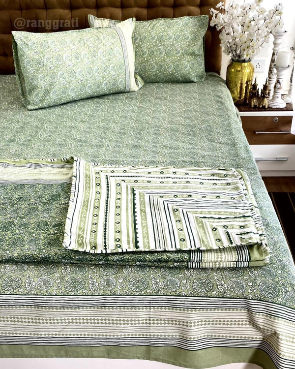Green Floral Bedsheet With Dohar Bedding Set - Bedding Set
