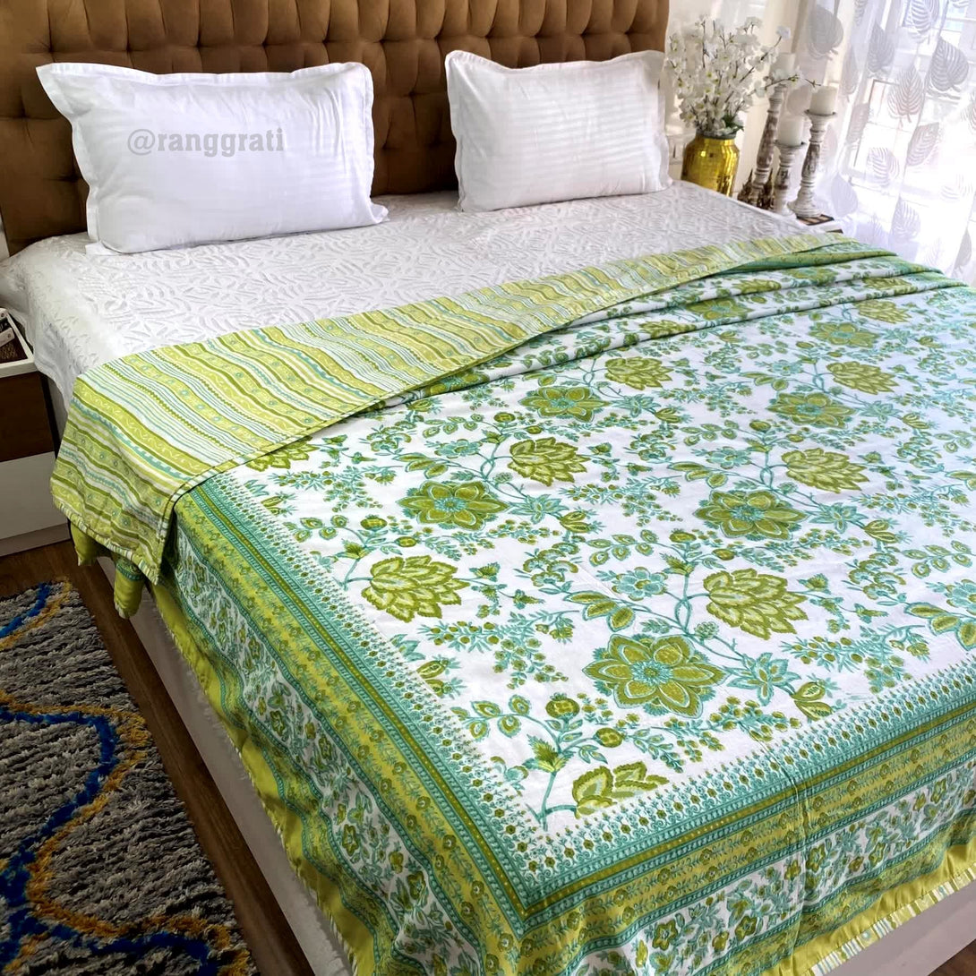 Green Floral Cotton Dohar For Double Bed AC Quilt - Dohar