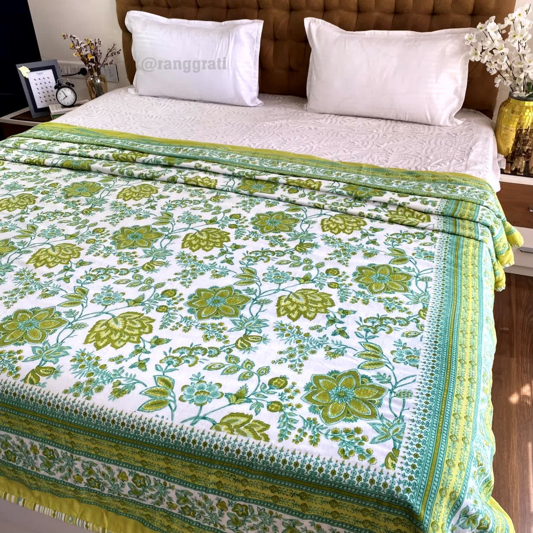 Green Floral Cotton Dohar For Double Bed AC Quilt - Dohar