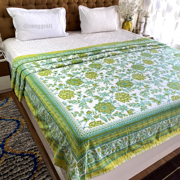 Green Floral Cotton Dohar For Double Bed AC Quilt - Dohar