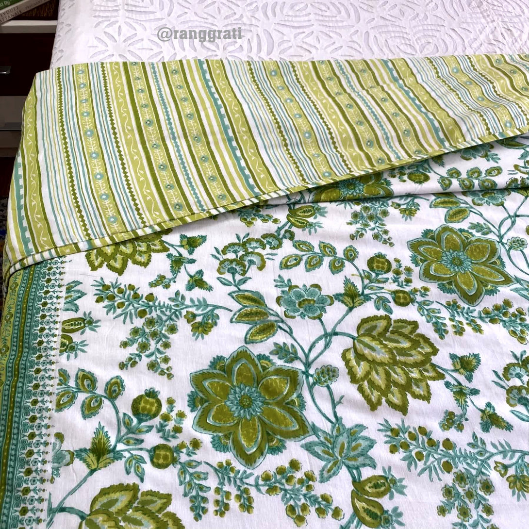 Green Floral Cotton Dohar For Double Bed AC Quilt - Dohar