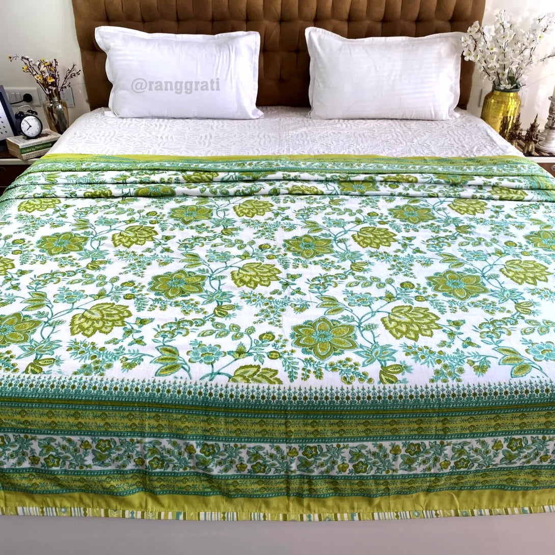 Green Floral Cotton Dohar For Double Bed AC Quilt - Dohar