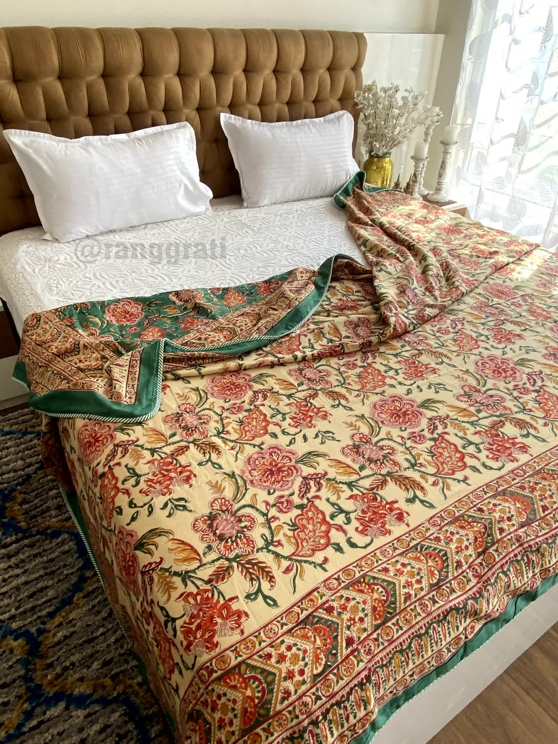 Green Floral Double Dohar For Double Bed In Mulmul Cotton - Dohar