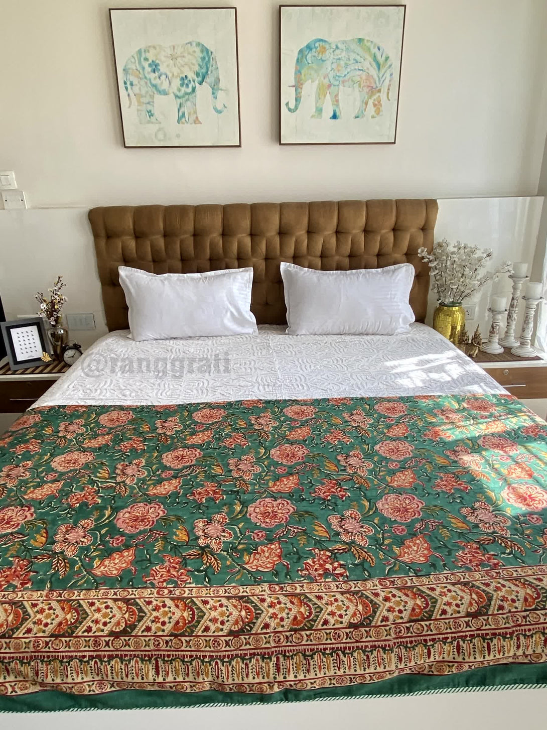 Green Floral Double Dohar For Double Bed In Mulmul Cotton - Dohar