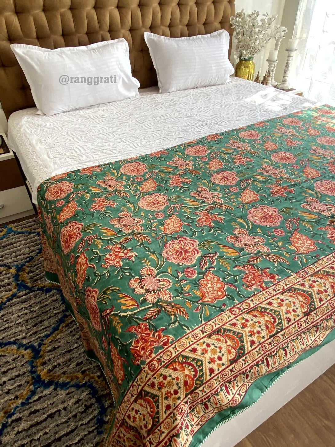 Green Floral Double Dohar For Double Bed In Mulmul Cotton - Dohar