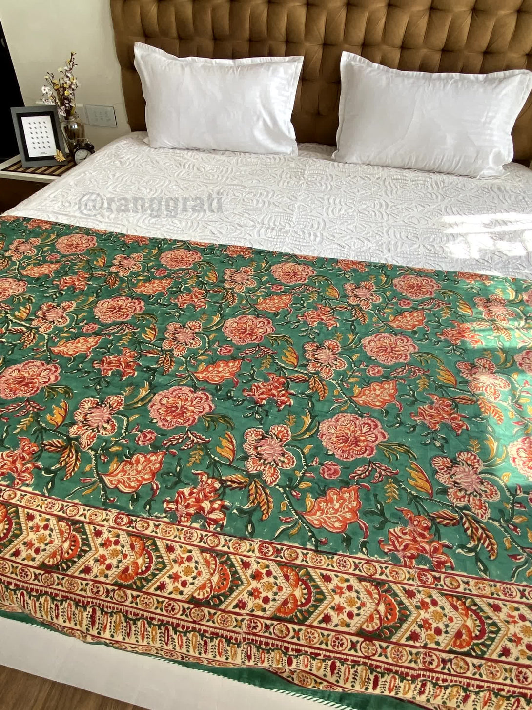 Green Floral Double Dohar For Double Bed In Mulmul Cotton - Dohar