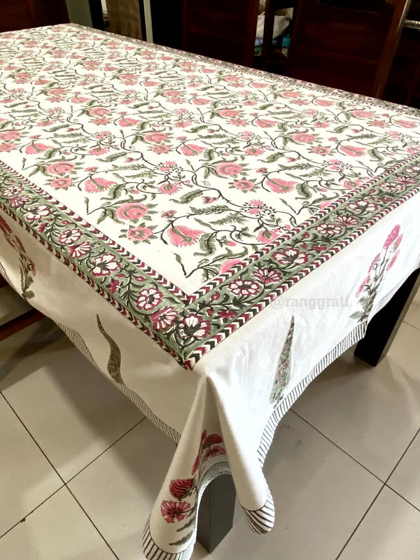 Green Floral Jaal Table Cover Cloth 8 Seater Dining Table Rectangular - Table Cover