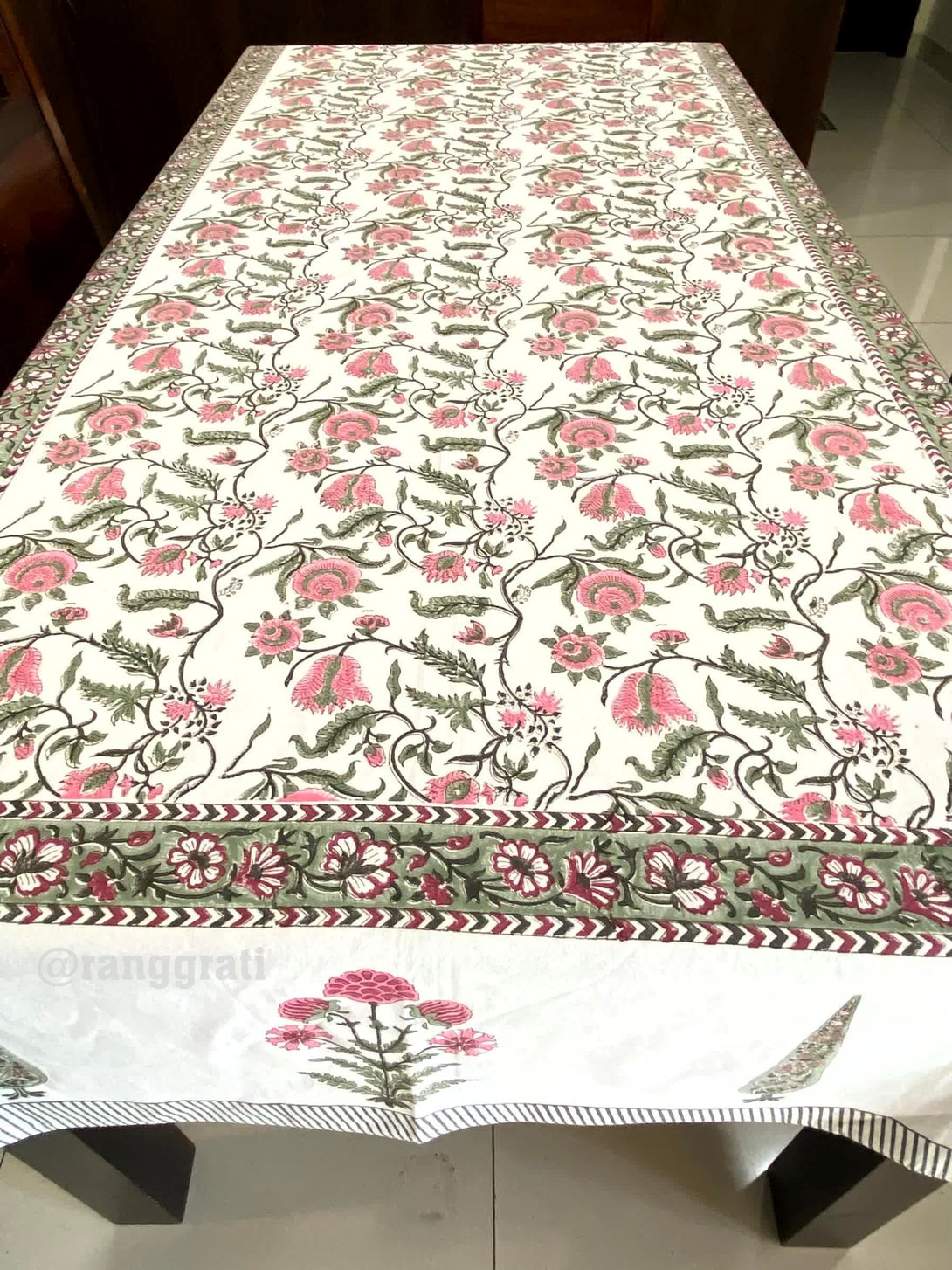 Green Floral Jaal Table Cover Cloth 8 Seater Dining Table Rectangular - Table Cover
