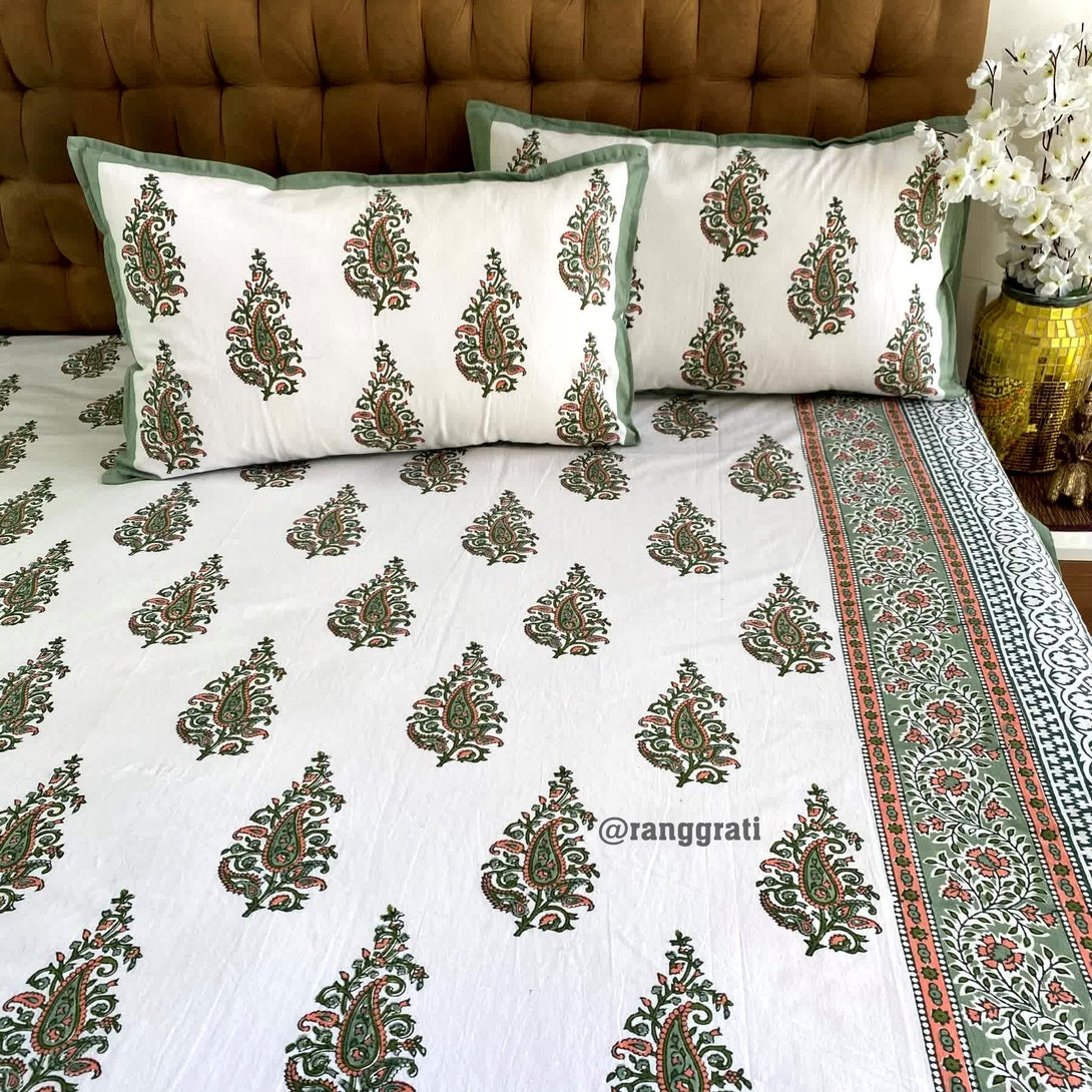 Green Floral Jaipuri Cotton Bedsheet King Size For Double Bed - Bedsheet