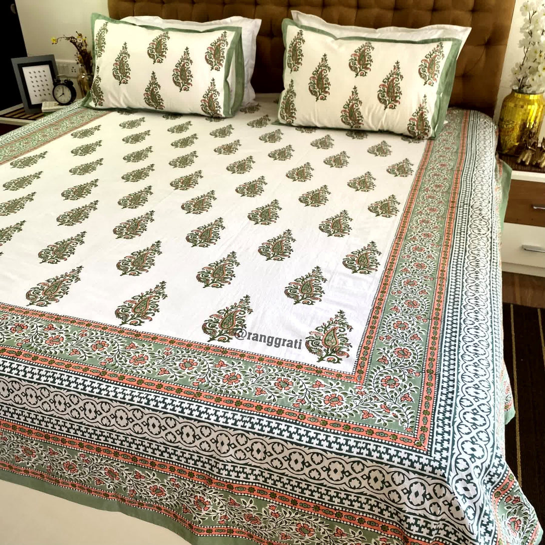 Green Floral Jaipuri Cotton Bedsheet King Size For Double Bed - Bedsheet