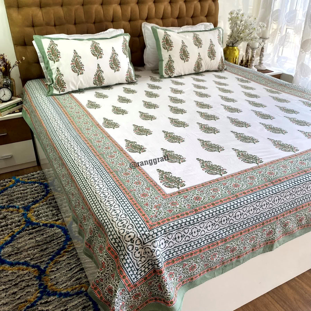 Green Floral Jaipuri Cotton Bedsheet King Size For Double Bed - Bedsheet