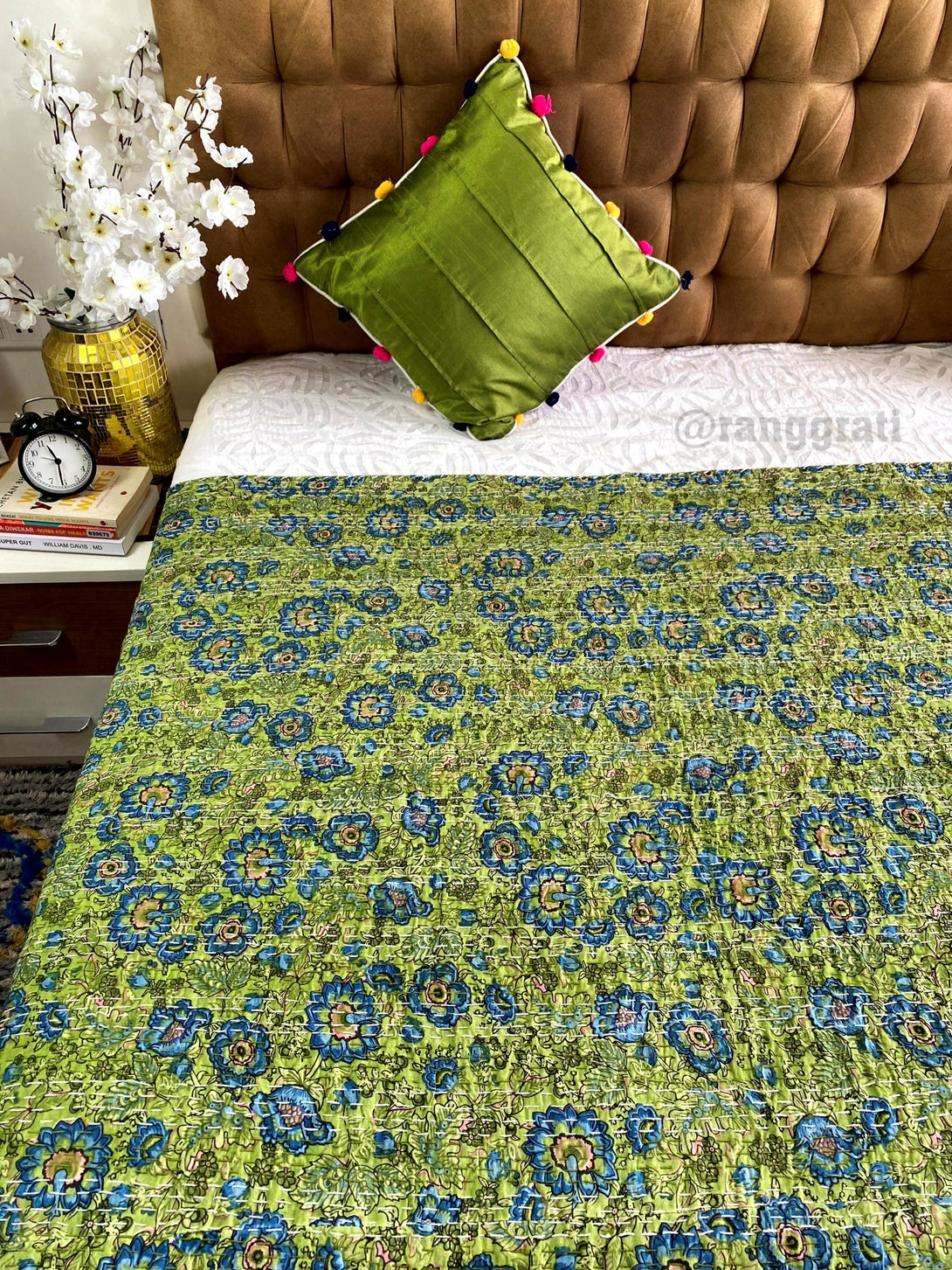 Green Floral Kantha Bedcover For Double Bed King Size - Bedcover
