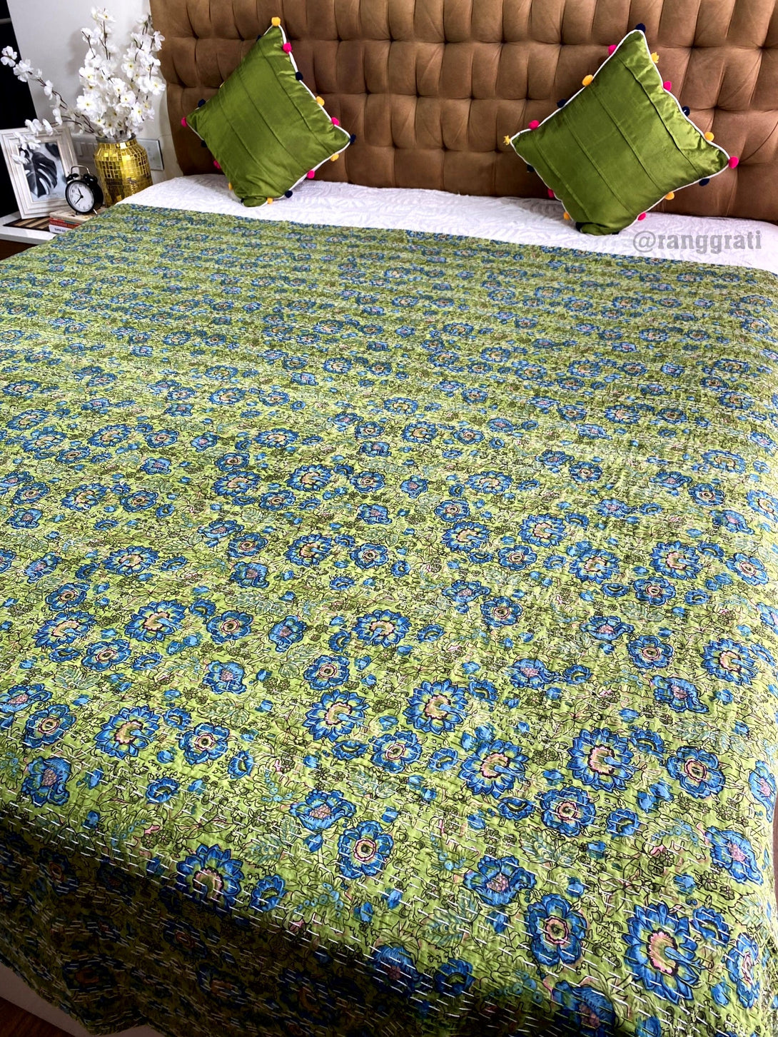 Green Floral Kantha Bedcover For Double Bed King Size - Bedcover