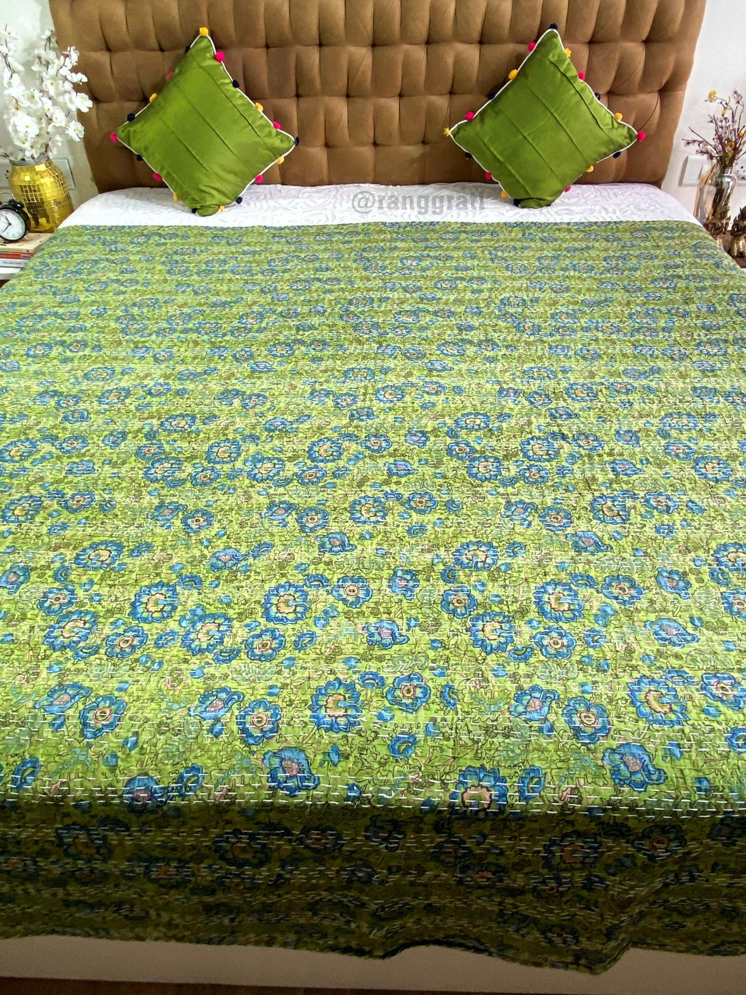 Green Floral Kantha Bedcover For Double Bed King Size - Bedcover