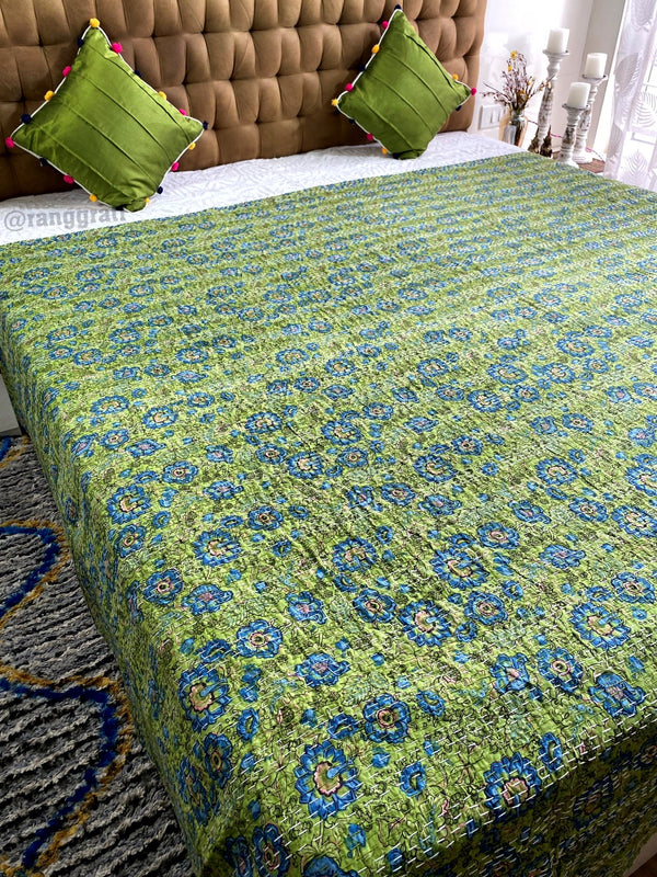 Green Floral Kantha Bedcover For Double Bed King Size - Bedcover