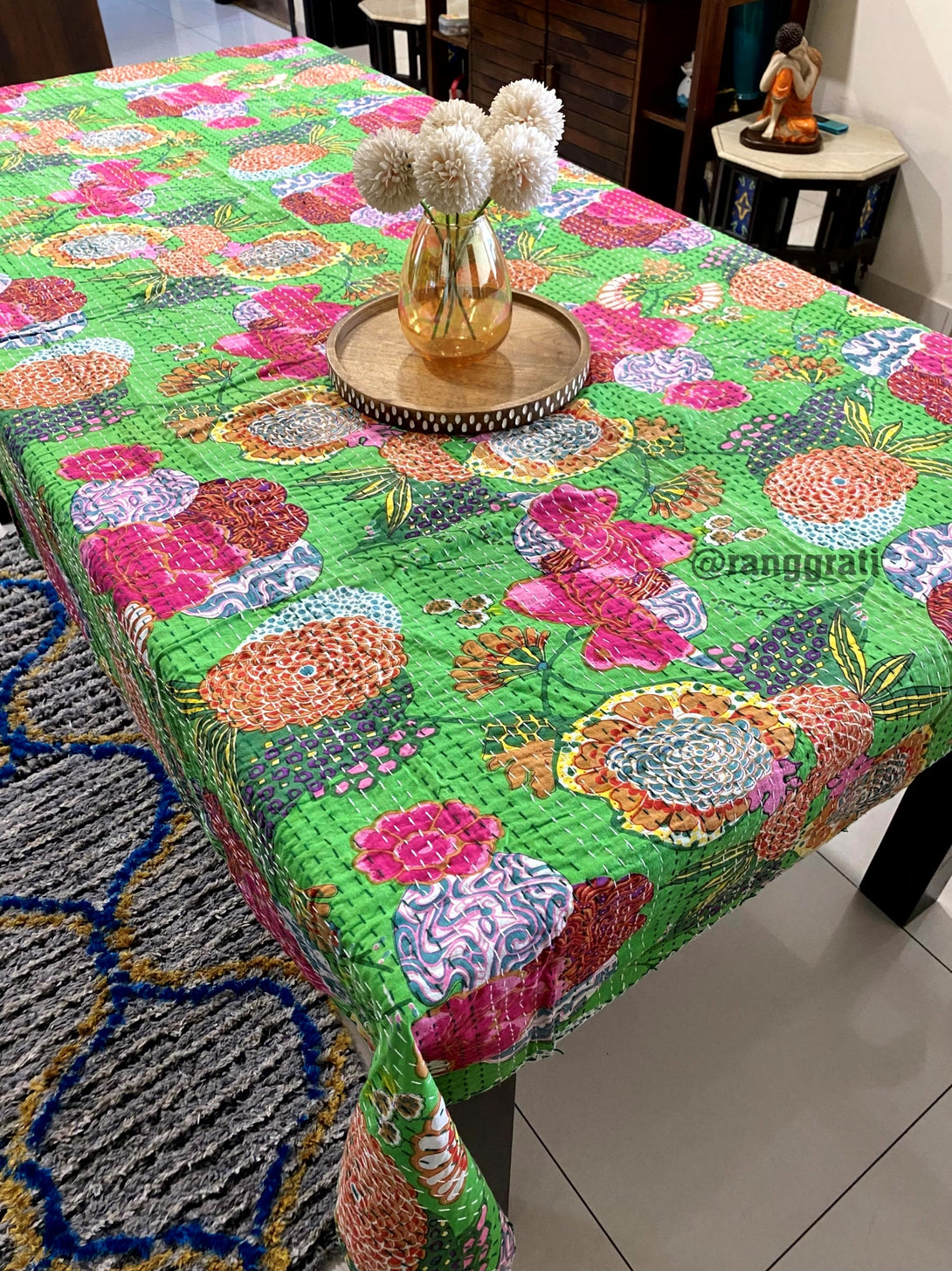 Green Floral Table Cover Cloth 6 Seater Dining Table Rectangular Kantha