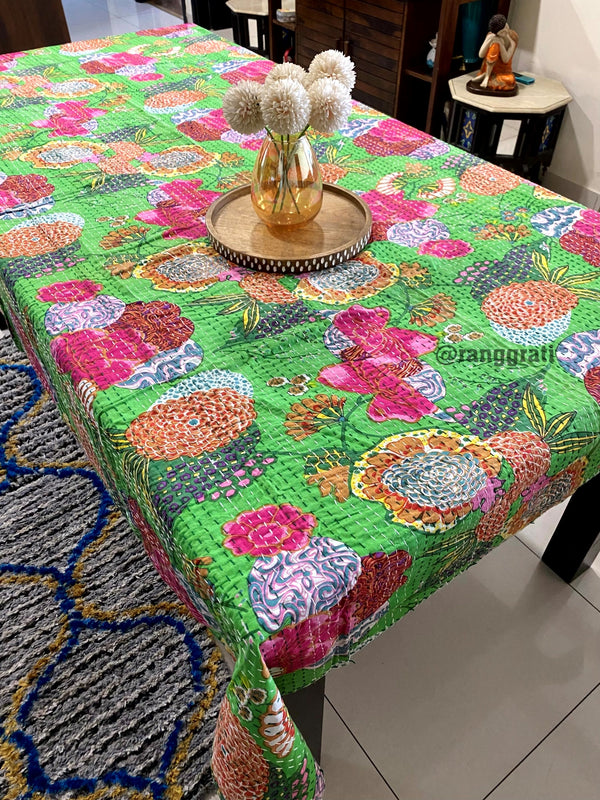 Green Floral Table Cover Cloth 6 Seater Dining Table Rectangular Kantha