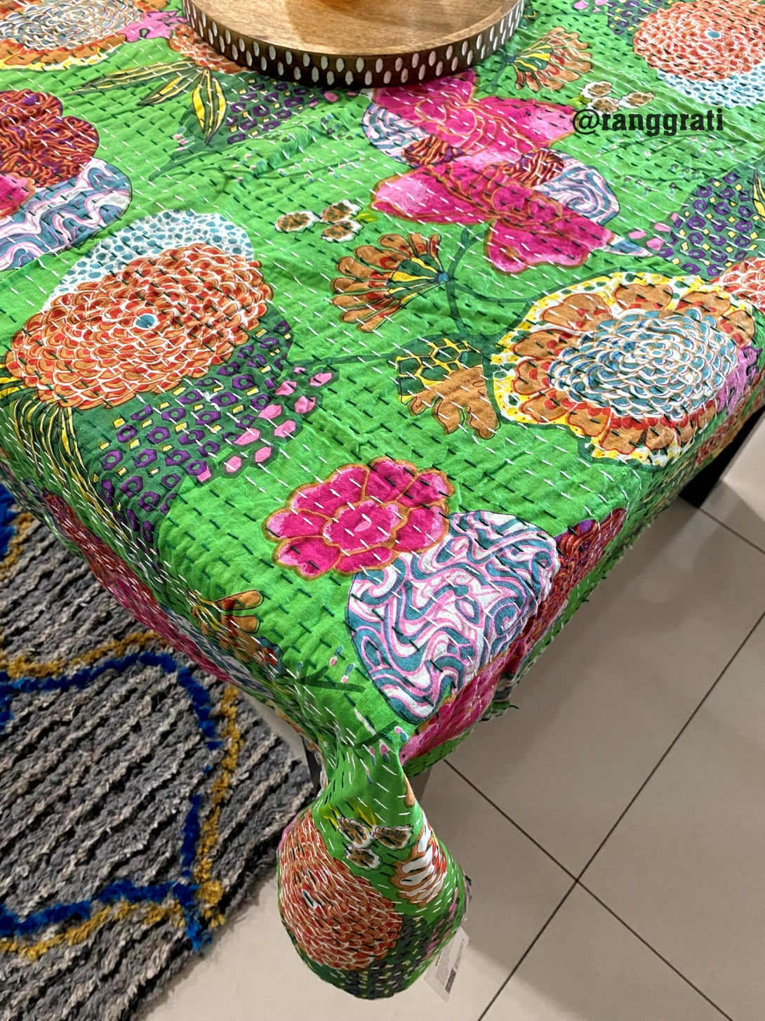 6 Seater Green Floral Table Cover Cloth Rectangular Kantha
