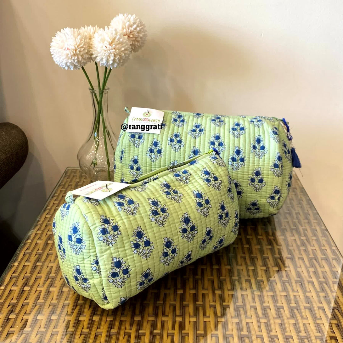 Green Floral Quilted Travel Pouch Hand Block Set of 2 - Pouch