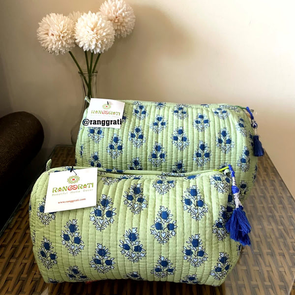 Green Floral Quilted Travel Pouch Hand Block Set of 2 - Pouch