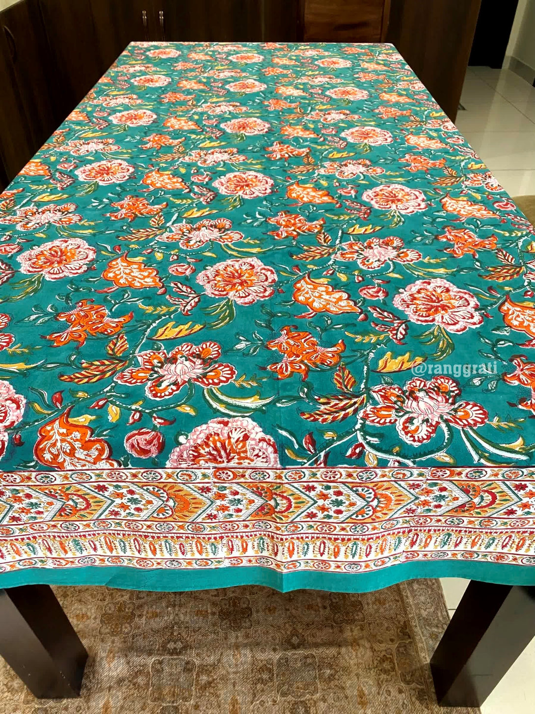 Green Floral Table Cover Cloth 6 Seater Dining Table Rectangular - Table Cover