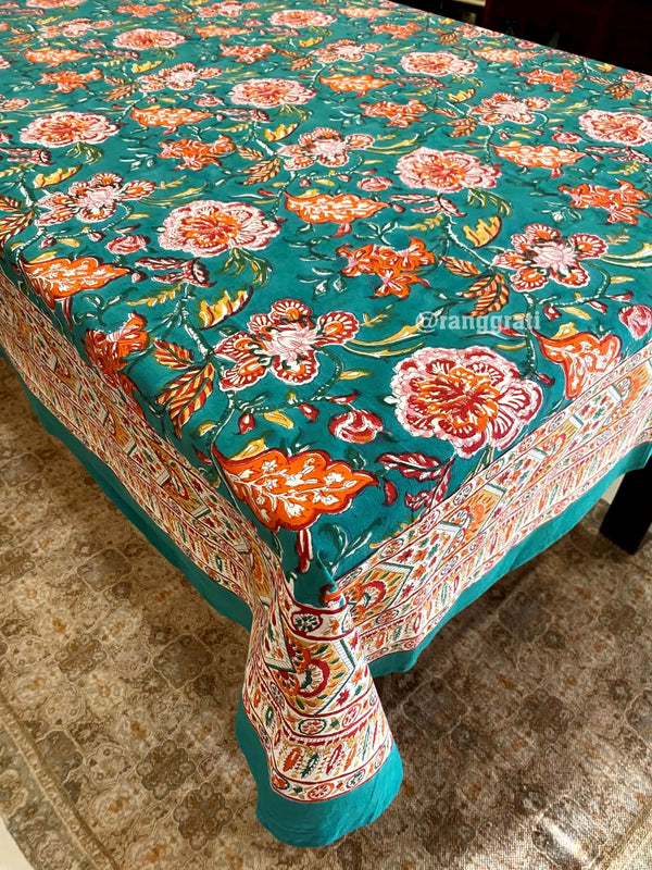Green Floral Table Cover Cloth 6 Seater Dining Table Rectangular - Table Cover