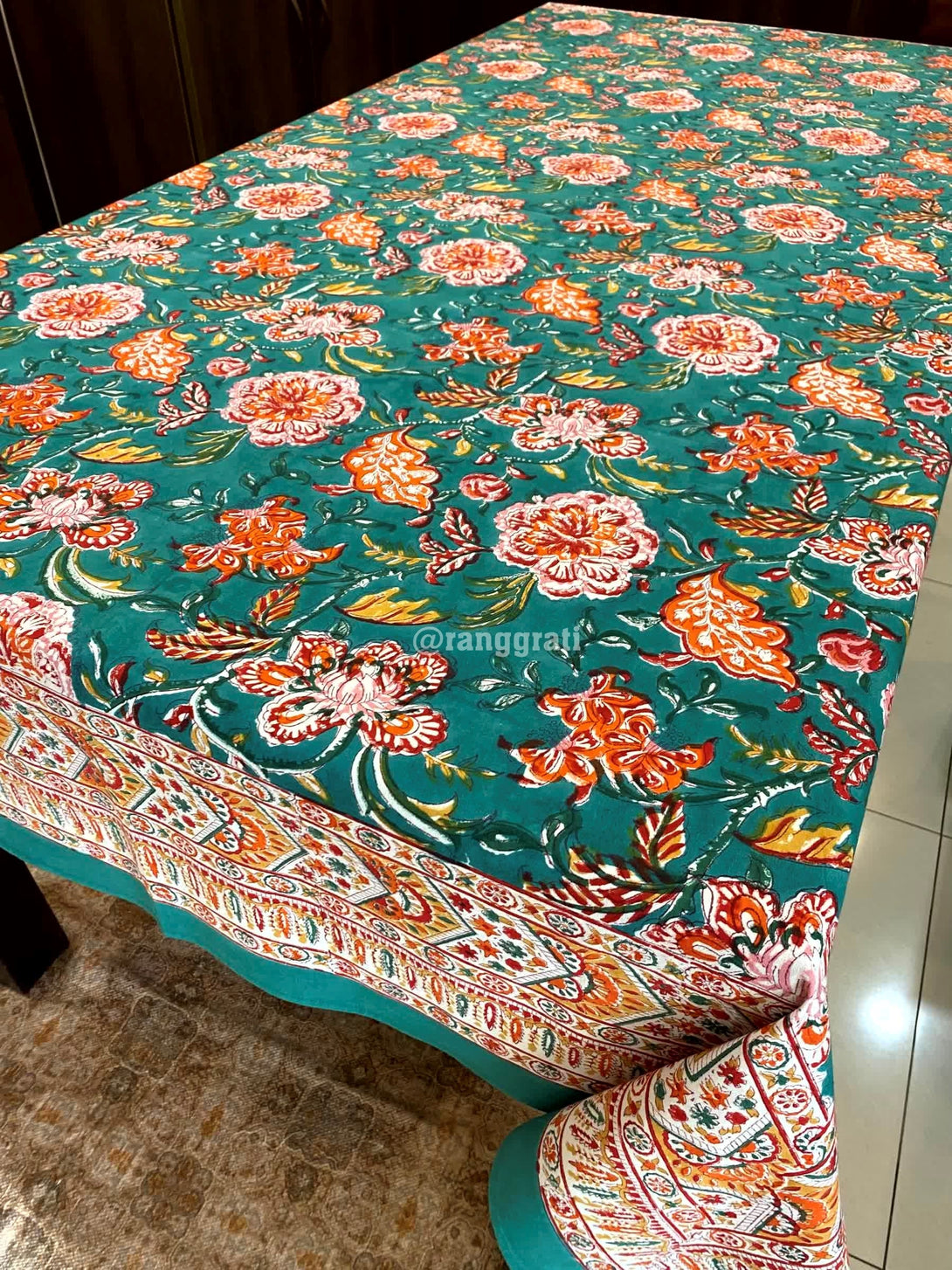 Green Floral Table Cover Cloth 6 Seater Dining Table Rectangular - Table Cover