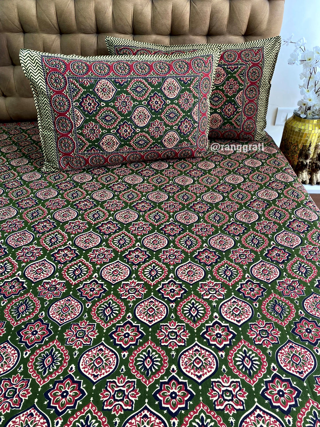 Dark Green Geometric Jaipuri Cotton Bedsheet King Size