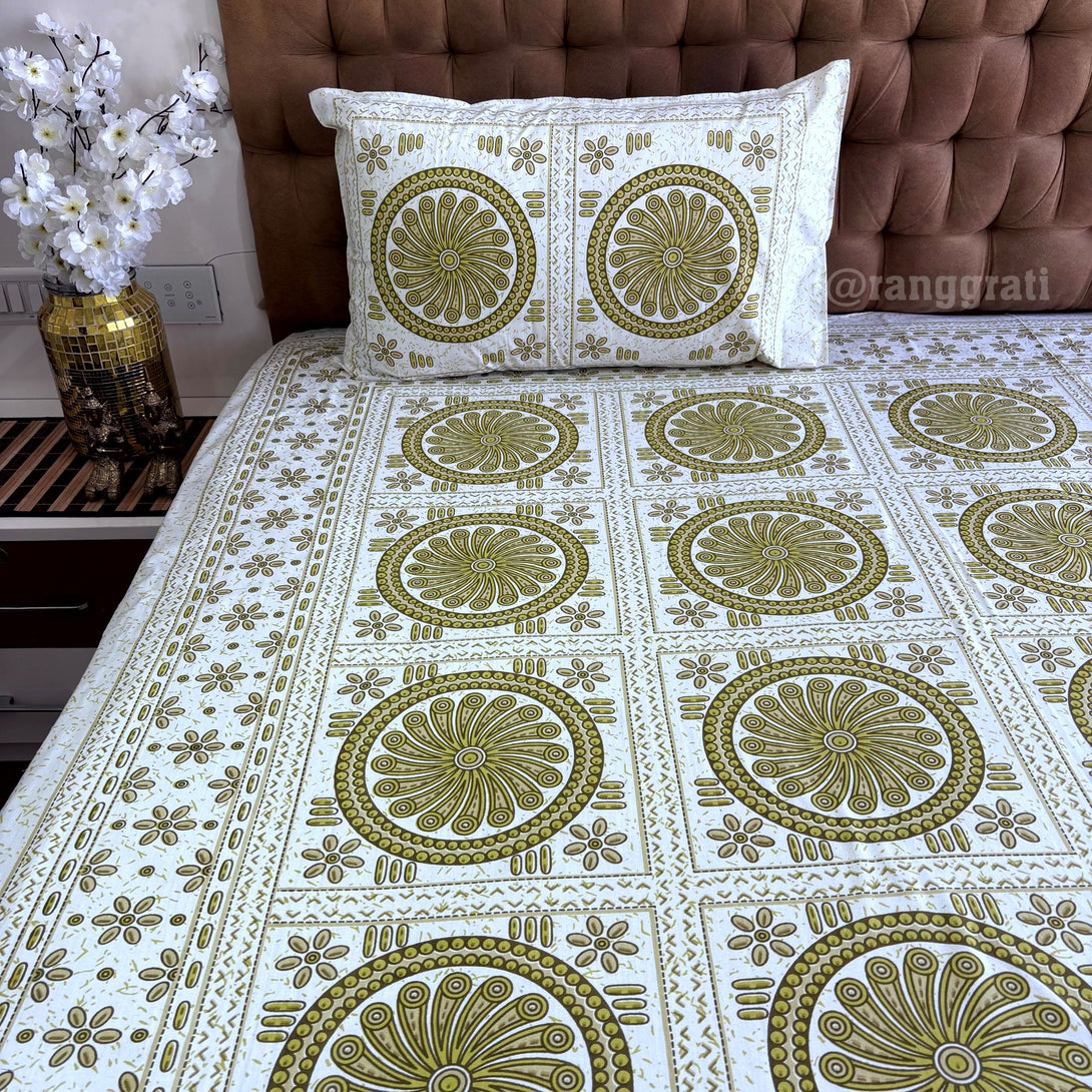 Green Geometric Jaipuri Cotton Bedsheet King Size - Bedsheet