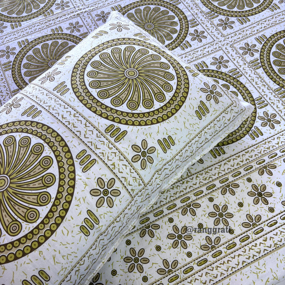 Green Geometric Jaipuri Cotton Bedsheet King Size - Bedsheet