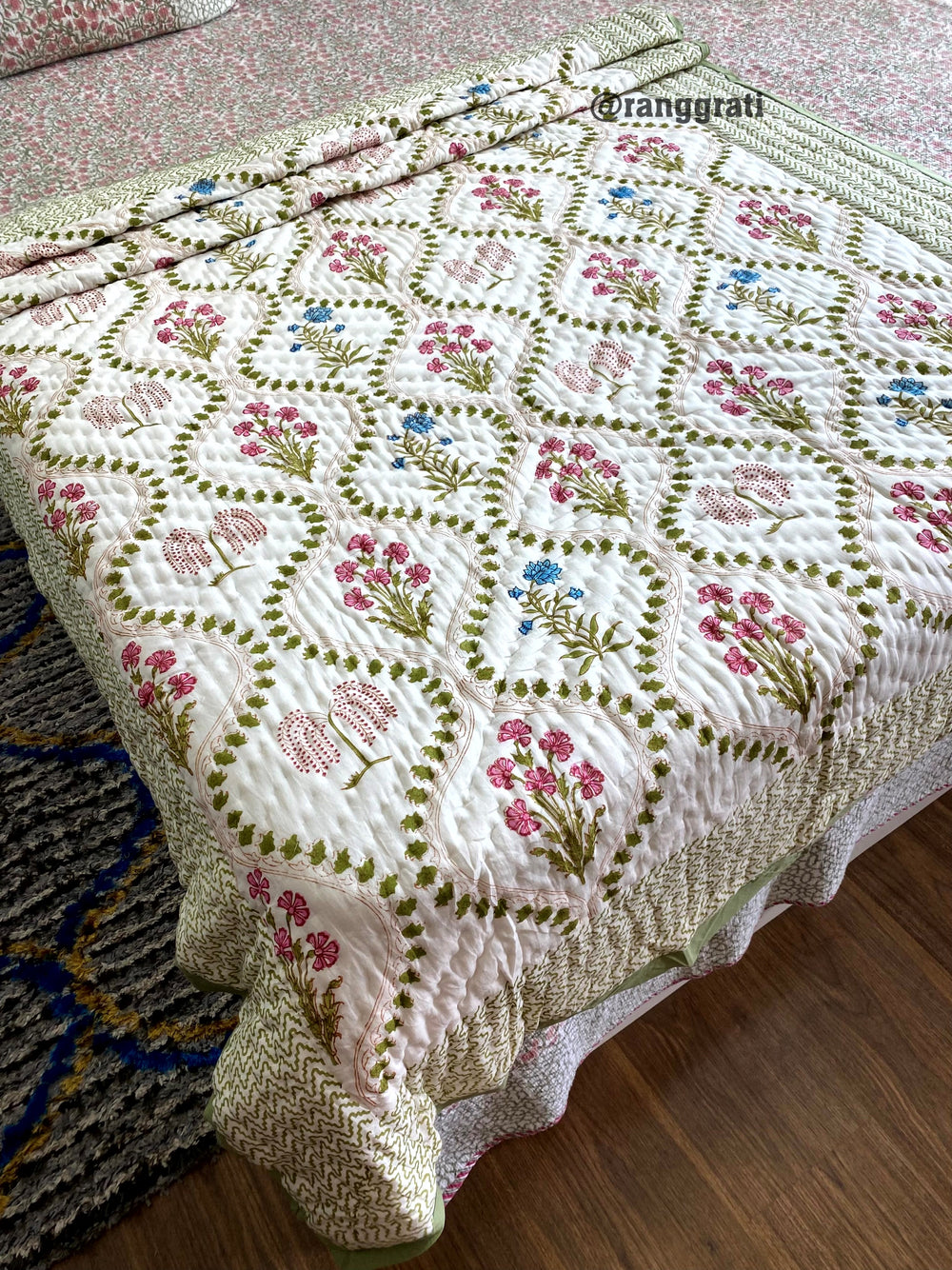 Green Jaal Pink Floral Single Bed Jaipuri Razai / Quilt Cotton Hand Block