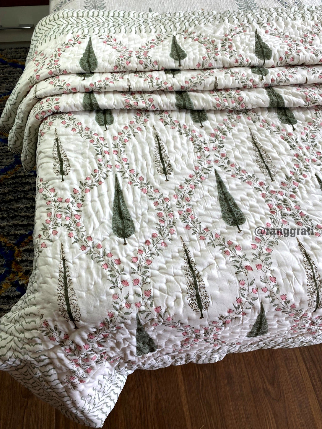 Green Jaal Double Razai / Quilt Cotton Hand Block Jaipuri - Razai