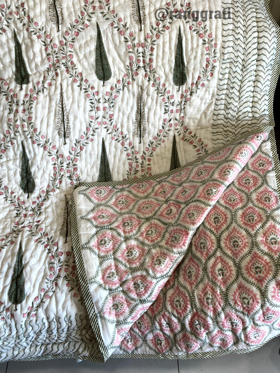Green Jaal Double Razai / Quilt Cotton Hand Block Jaipuri - Razai
