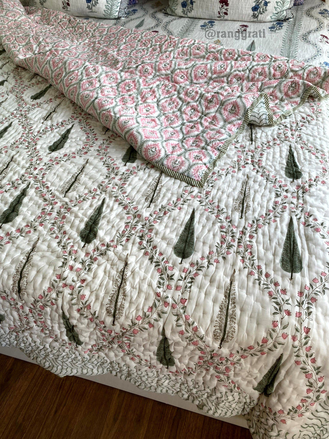 Green Jaal Double Razai / Quilt Cotton Hand Block Jaipuri - Razai