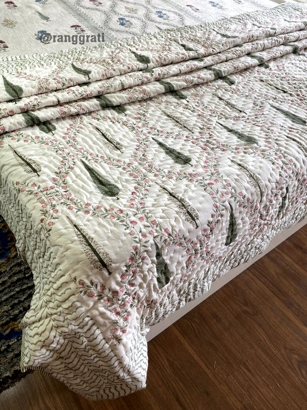 Green Jaal Double King Razai / Quilt Cotton Hand Block Jaipuri